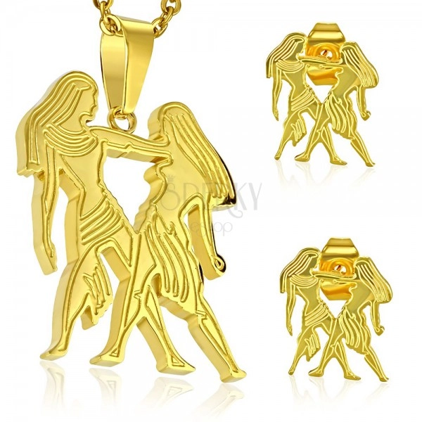 Set made of surgical steel in gold hue, pendant and earrings, zodiac sign GEMINI