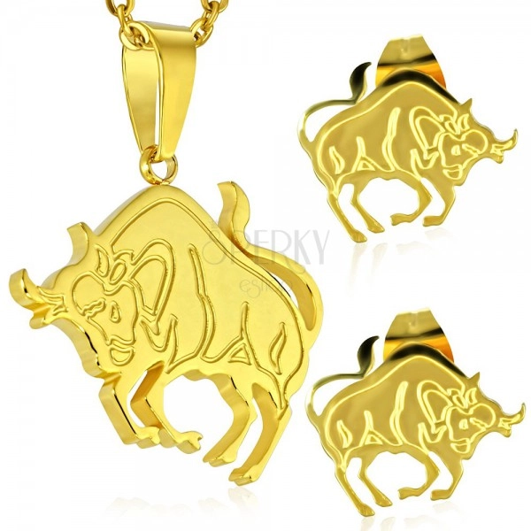 Steel set in gold colour - pendant and stud earrings, zodiac sign TAURUS
