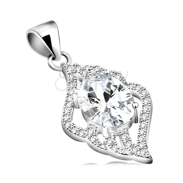 925 silver pendant, clear zircon oval, leaf, clear wavy contours