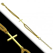 Steel bracelet in gold colour, shiny Latin cross and double chain