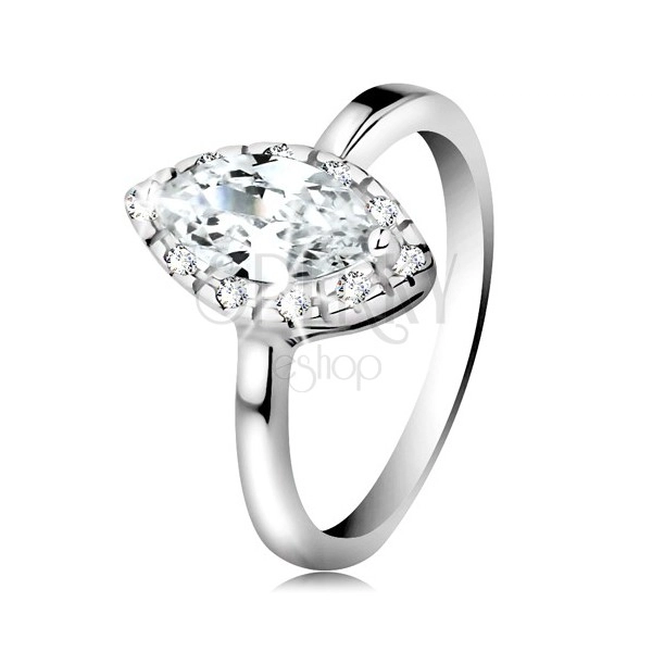 Rhodium plated ring, 925 silver - clear zircon grain with lustrous border