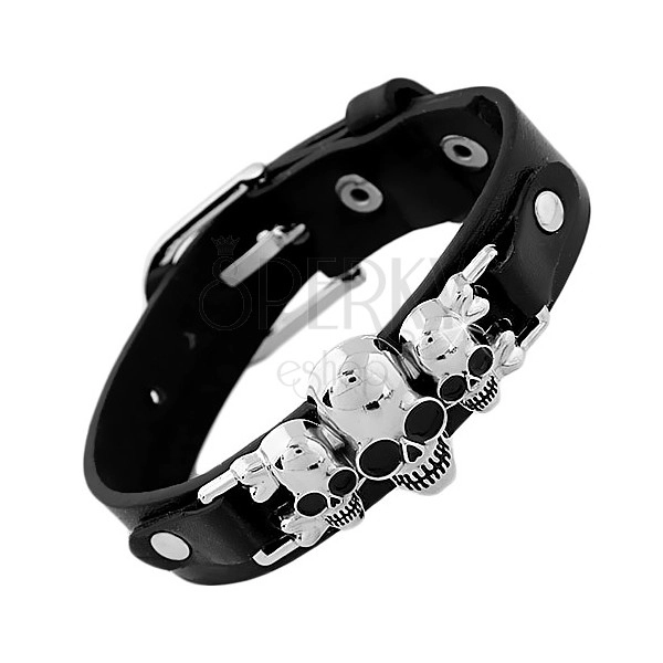 Black bracelet made of synthetic leather and steel, three skulls with crossbones