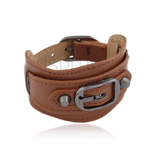 Brown wide bracelet made of synthetic leather, shiny black buckle and two rivets