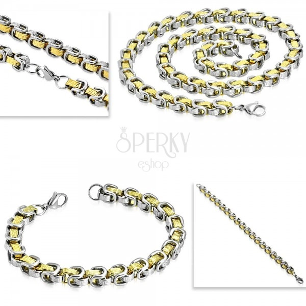 Set made of surgical steel - necklace with bracelet, bicoloured links, Greek key