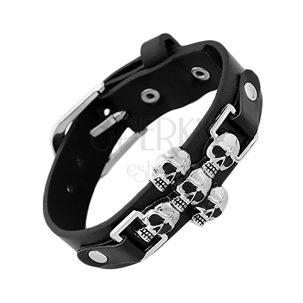 Leatherette black bracelet, four small steel skulls joined in cross