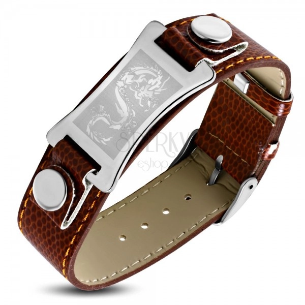 Bracelet made of brown synthetic leather, steel plate in silver colour - Chinese dragon