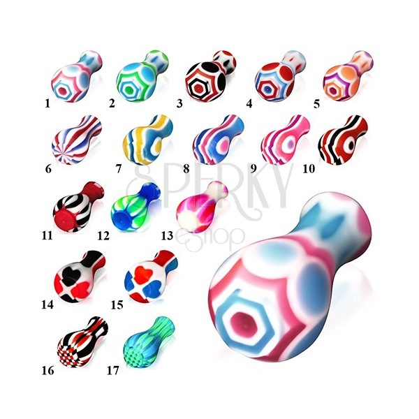 Acrylic ear plug, widened on one end, various colours and patterns