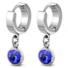 Hinged snap earrings made of 316L steel with dangling blue zircon in mount