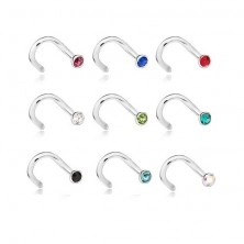 Bent steel piercing for nose with embedded coloured zircon
