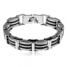 Bracelet made of 316L steel and black rubber, protruding links joined by oblongs