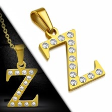 Shiny steel pendant in gold colour, letter Z inlaid with clear zircons