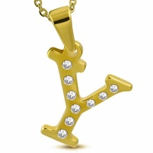 Pendant made of 316L steel in gold colour, printed letter Y, gleaming clear zircons