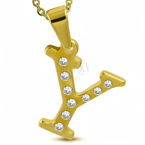 Pendant made of 316L steel in gold colour, printed letter Y, gleaming clear zircons