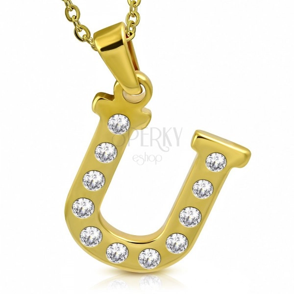 Pendant made of surgical steel in gold colour, printed letter U decorated with zircons