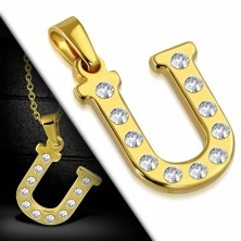 Pendant made of surgical steel in gold colour, printed letter U decorated with zircons