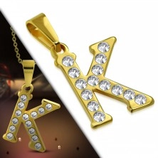 Pendant made of 316L steel in gold colour, printed letter K, cut clear zircons