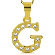 Pendant in gold colour, surgical steel, printed letter G adorned with zircons