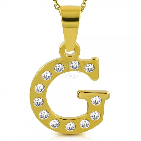 Pendant in gold colour, surgical steel, printed letter G adorned with zircons