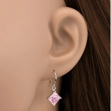 Earrings made of 925 silver - pink rhombus zircon in mount, 7 mm