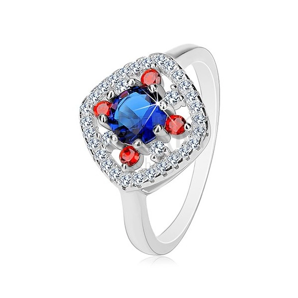 925 silver ring, dark blue centre, clear and red zircons