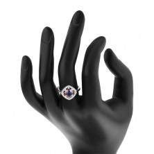 925 silver ring, dark blue centre, clear and red zircons