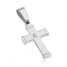 Shiny steel pendant in silver colour, cross with clear zircon