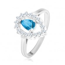 Ring made of 925 silver, clear contour of reversed teardrop with aquamarine zircon