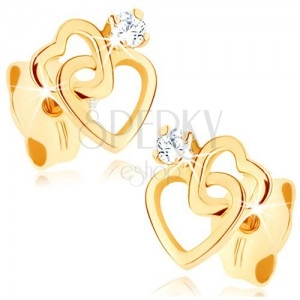 Earrings made of yellow 14K gold - joined heart contours, diamond in clear colour