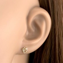 Earrings made of yellow 14K gold - joined heart contours, diamond in clear colour