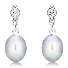 585 gold earrings - three clear zircons, big oval pearl in gray colour