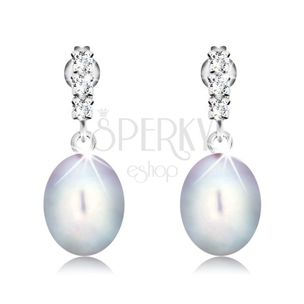 585 gold earrings - three clear zircons, big oval pearl in gray colour