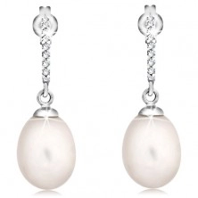 585 gold earrings - zircon arc and dangling oval pearl in white colour
