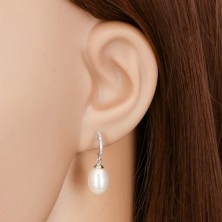 585 gold earrings - zircon arc and dangling oval pearl in white colour