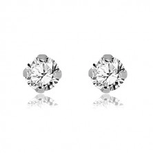 Earrings made of white 14K gold - round clear zircon, 3 mm