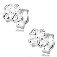 Earrings made of white 14K gold - flower with ball in the middle and clear zircons