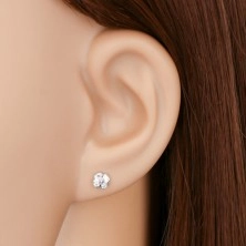 Earrings made of white 14K gold - flower with ball in the middle and clear zircons