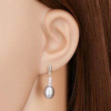 14K gold earrings - shiny strip, three clear zircons and gray oval pearl
