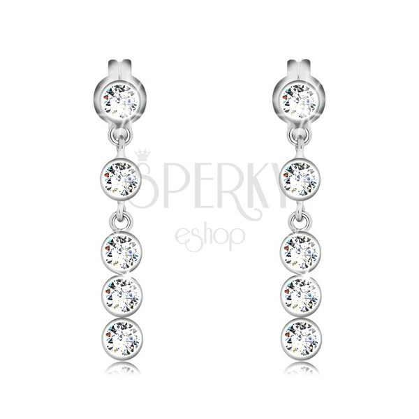 Earrings made of white 14K gold - round clear zircons in vertical line