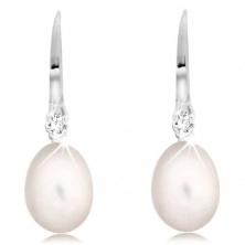 Earrings made of white 14K gold - white oval pearl and clear zircon on hook