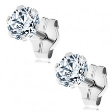 Earrings made of white 14K gold - clear zircon gripped with six prongs, 4 mm