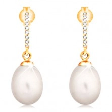14K gold earrings - dangling oval pearl in white colour, zircon arc