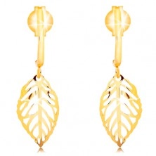 Earrings made of yellow 14K gold - cutout leaf, dangling on shiny arc