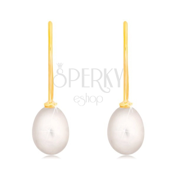 Earrings made of yellow 14K gold - white oval pearl on hook