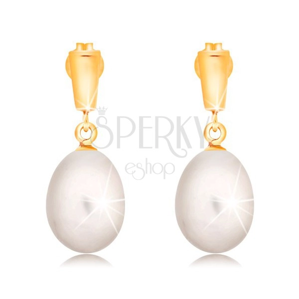 14K gold earrings - dangling oval white pearl, shiny strip