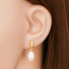 14K gold earrings - dangling oval white pearl, shiny strip