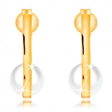 585 gold earrings - narrow vertical strip, white pearl in bent bottom part