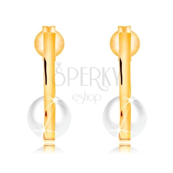 585 gold earrings - narrow vertical strip, white pearl in bent bottom part