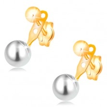 Earrings made of yellow 14K gold, shiny smooth ball and white pearl