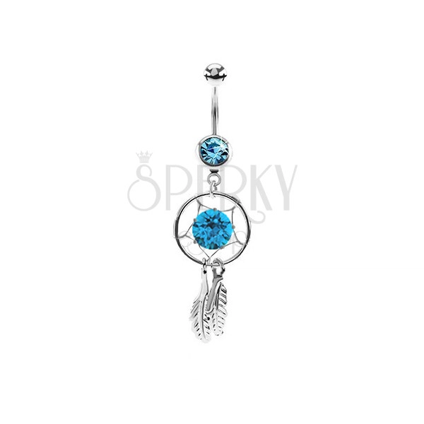 Piercing made of 316L steel, dreamcatcher with feathers, two light blue zircons