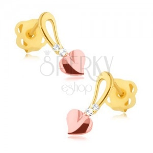 Brilliant earrings - 14K yellow and pink gold, heart on stem, diamonds